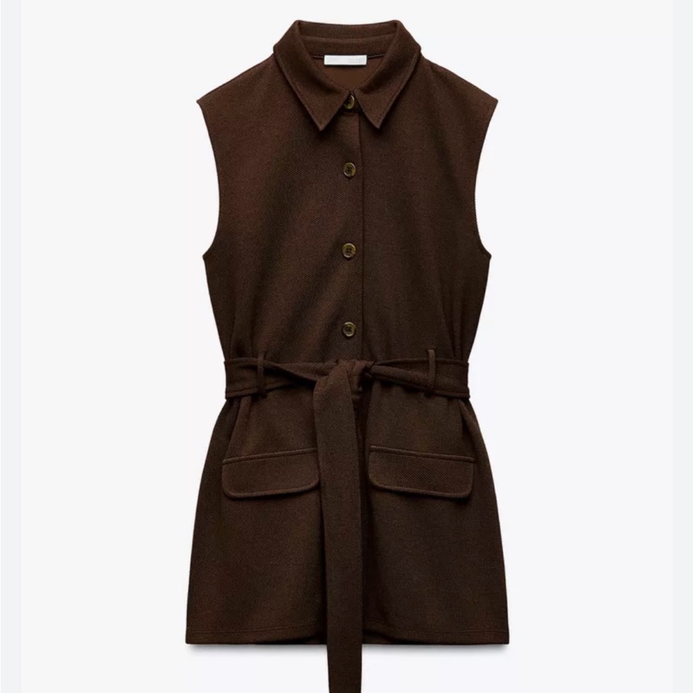 ZARA Brown Sleeveless Button-Up Vest with Belt